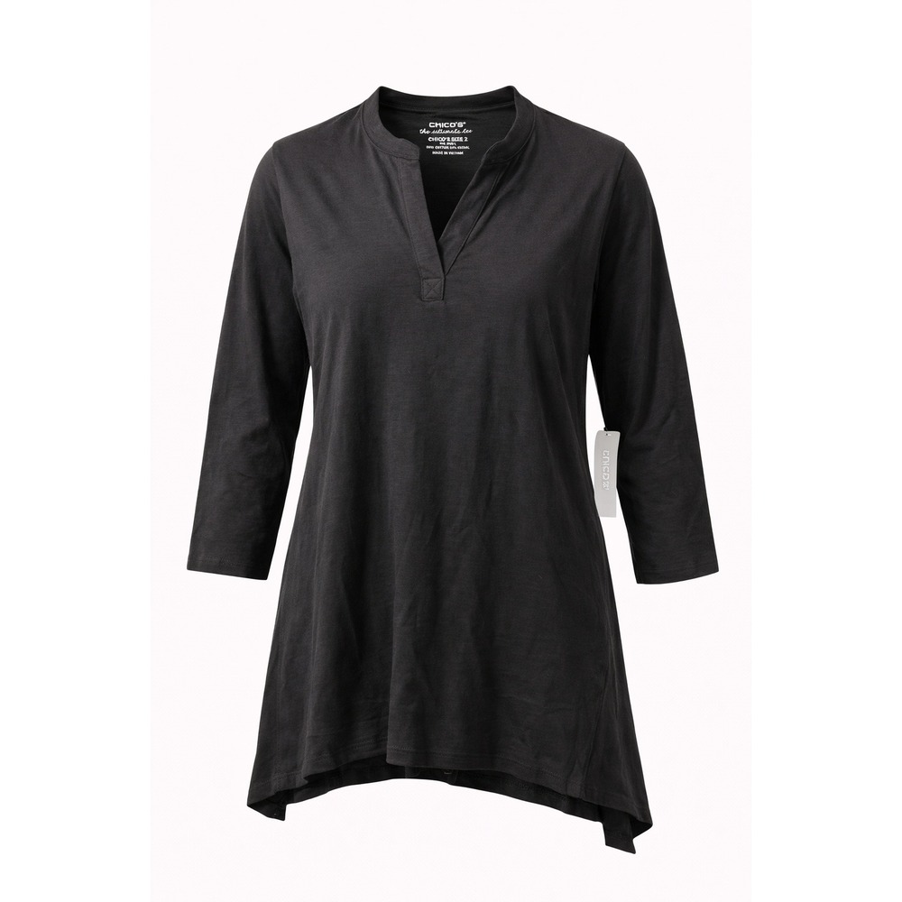 Chico's Tunic Top Women Large Black 3/4 Sleeve V Neck Modal Cotton Casual